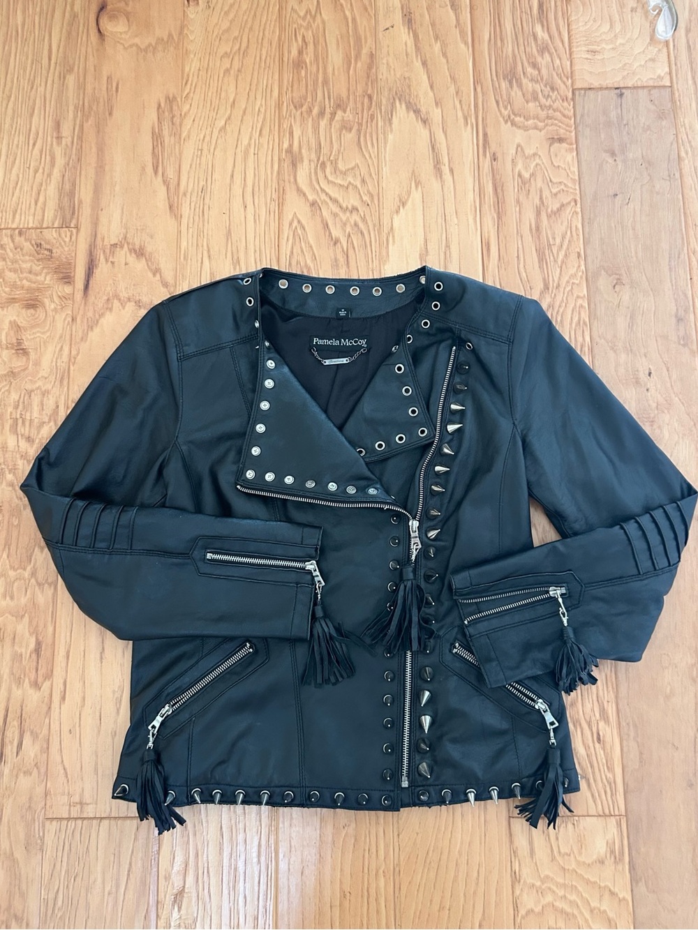 Pamela McCoy Couture Black Leather Silver Studded Biker Jacket Medium